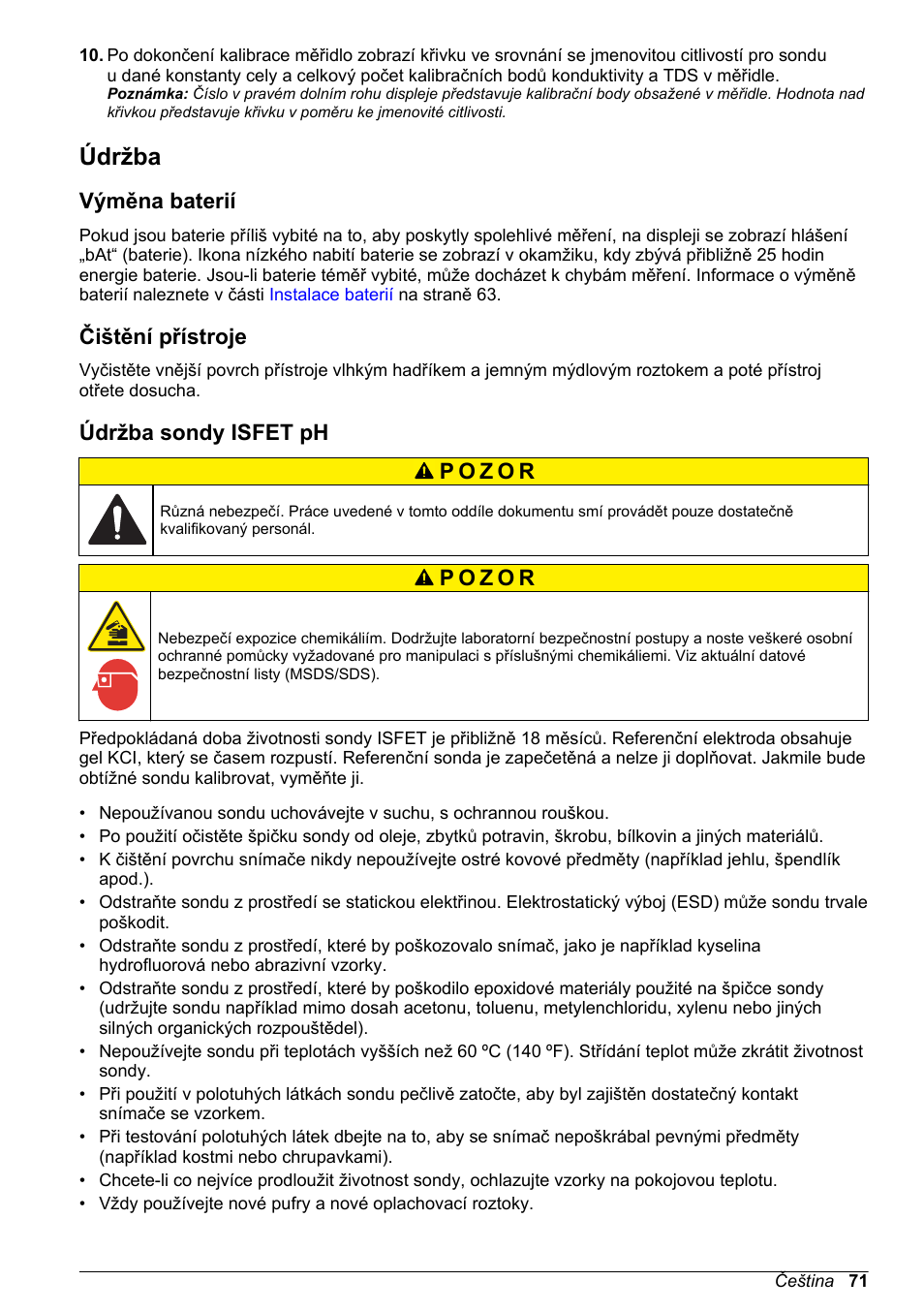 Údržba, Výměna baterií, Čištění přístroje | Údržba sondy isfet ph | Hach-Lange H170 User Manual User Manual | Page 71 / 134