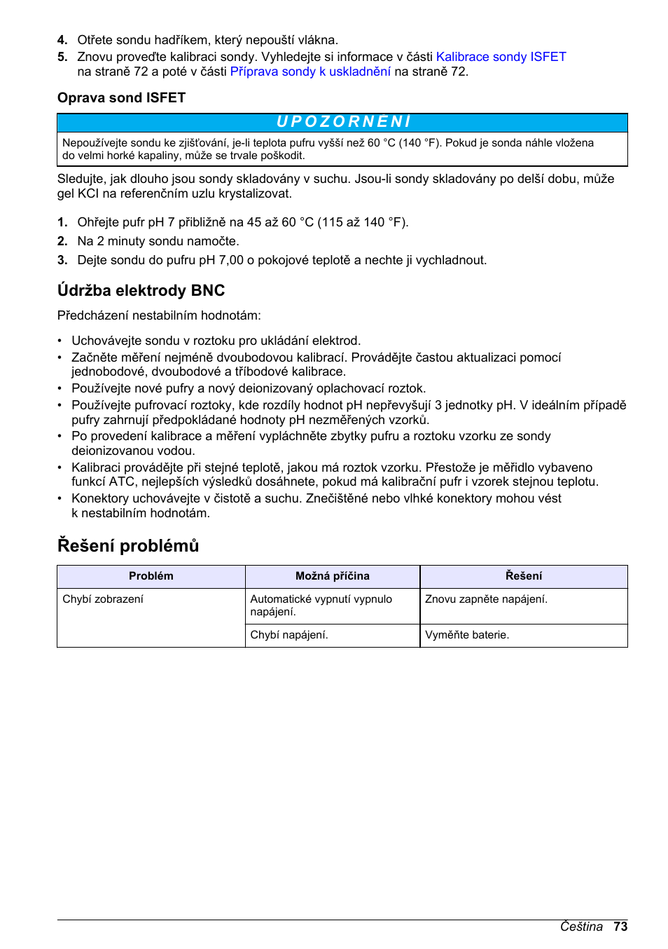 Oprava sond isfet, Údržba elektrody bnc, Řešení problémů | Na straně 73 | Hach-Lange H170 User Manual User Manual | Page 73 / 134