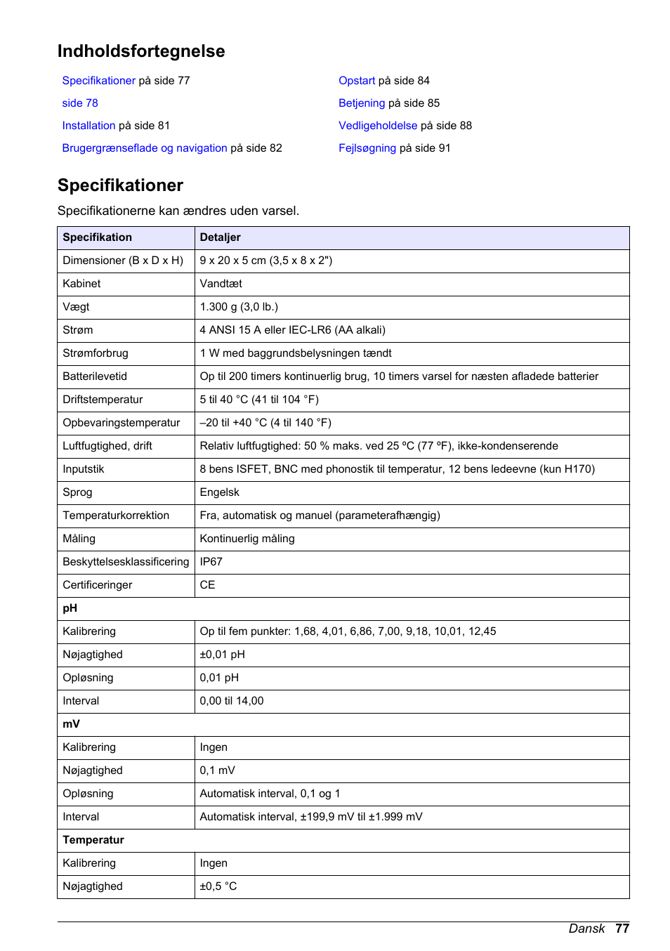 Brugsanvisning, Indholdsfortegnelse, Specifikationer | Dansk | Hach-Lange H170 User Manual User Manual | Page 77 / 134