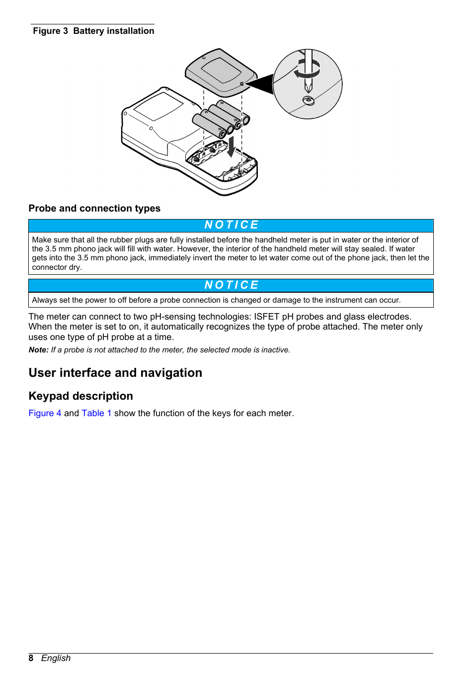 Probe and connection types, User interface and navigation, Keypad description | Hach-Lange H170 User Manual User Manual | Page 8 / 134