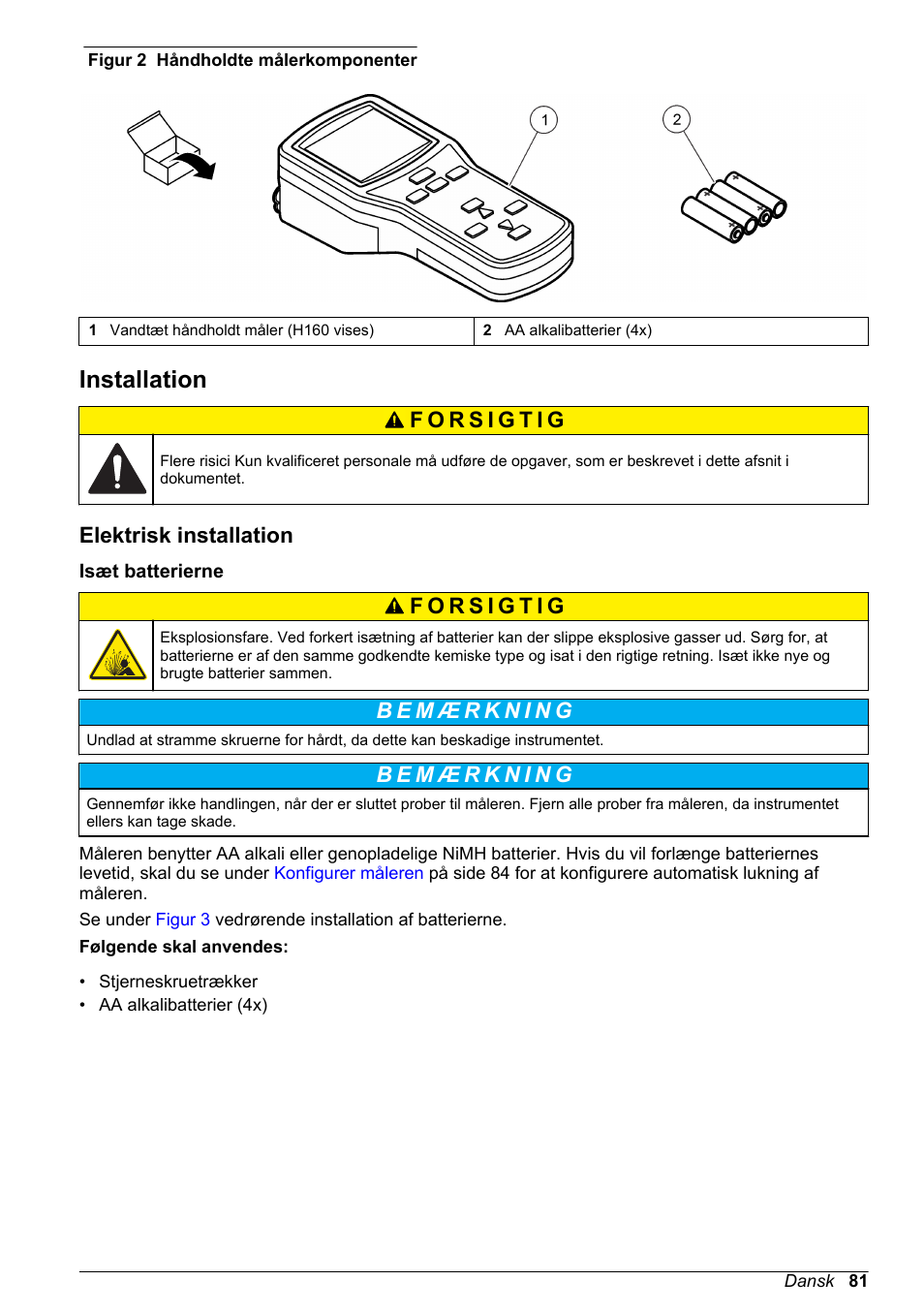 Installation, Elektrisk installation, Isæt batterierne | På side | Hach-Lange H170 User Manual User Manual | Page 81 / 134