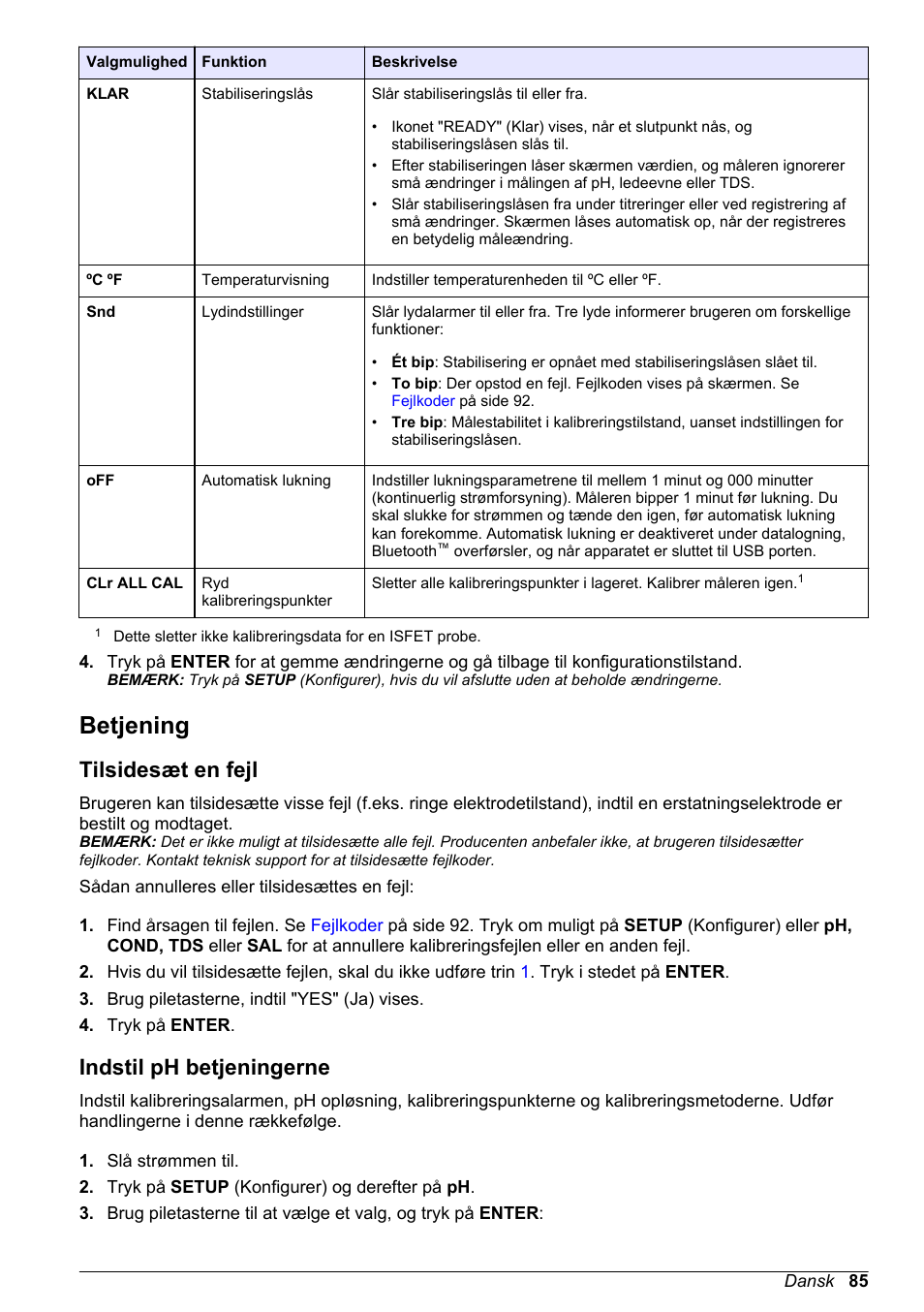 Betjening, Tilsidesæt en fejl, Indstil ph betjeningerne | Hach-Lange H170 User Manual User Manual | Page 85 / 134