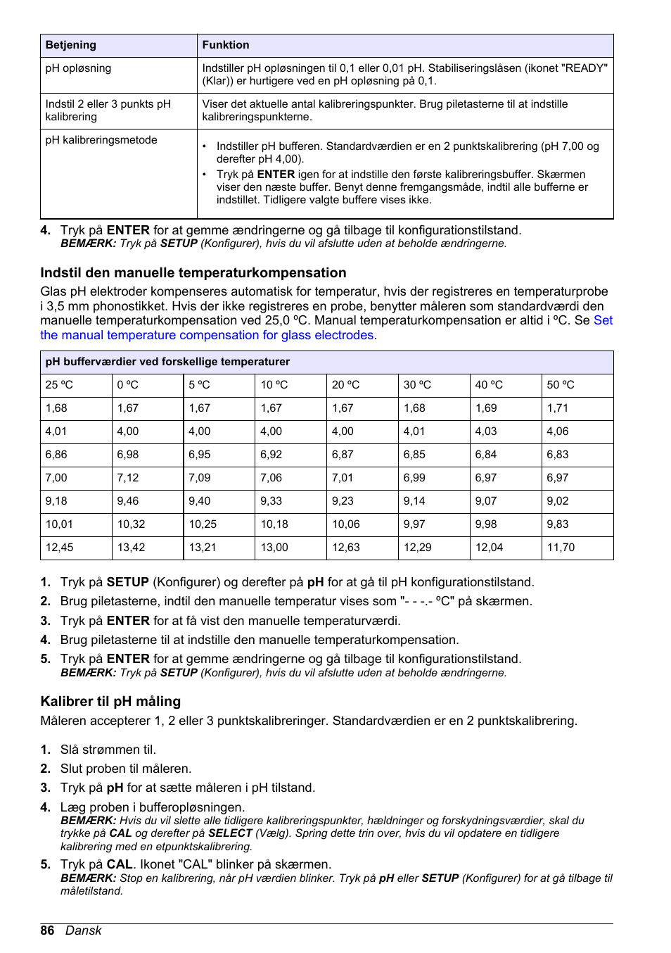 Indstil den manuelle temperaturkompensation, Kalibrer til ph måling | Hach-Lange H170 User Manual User Manual | Page 86 / 134
