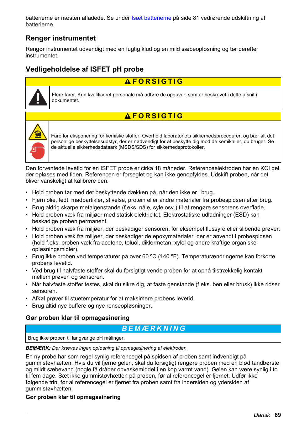 Rengør instrumentet, Vedligeholdelse af isfet ph probe, Gør proben klar til opmagasinering | Hach-Lange H170 User Manual User Manual | Page 89 / 134