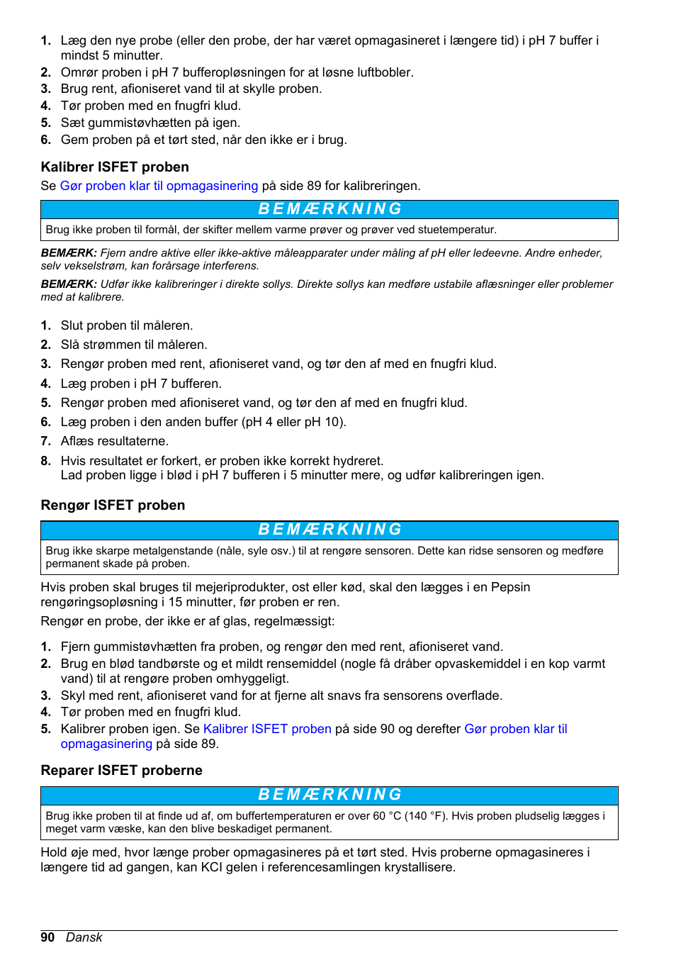 Kalibrer isfet proben, Rengør isfet proben, Reparer isfet proberne | Hach-Lange H170 User Manual User Manual | Page 90 / 134
