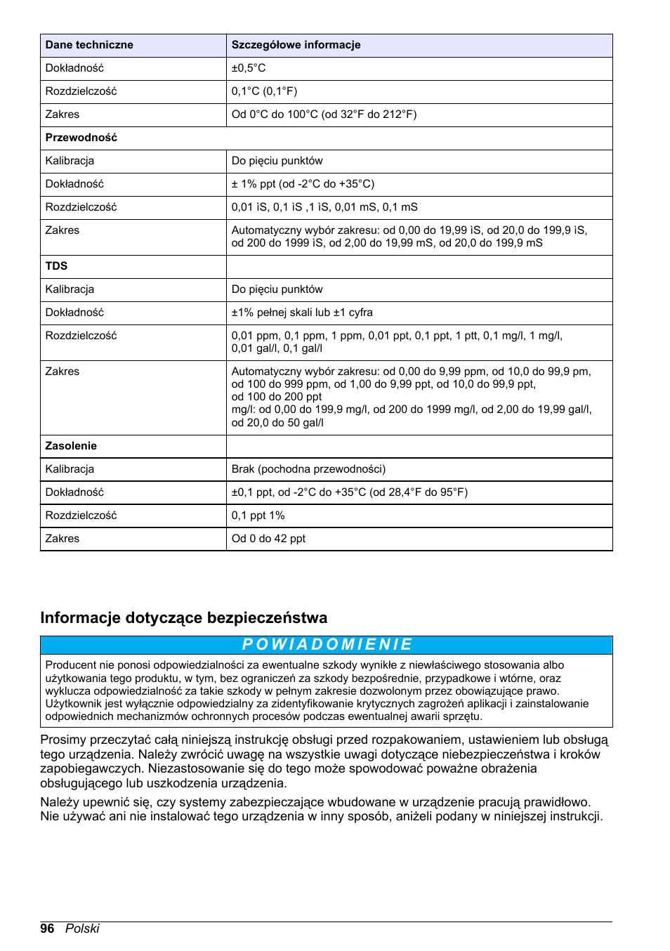 Informacje dotyczące bezpieczeństwa | Hach-Lange H170 User Manual User Manual | Page 96 / 134