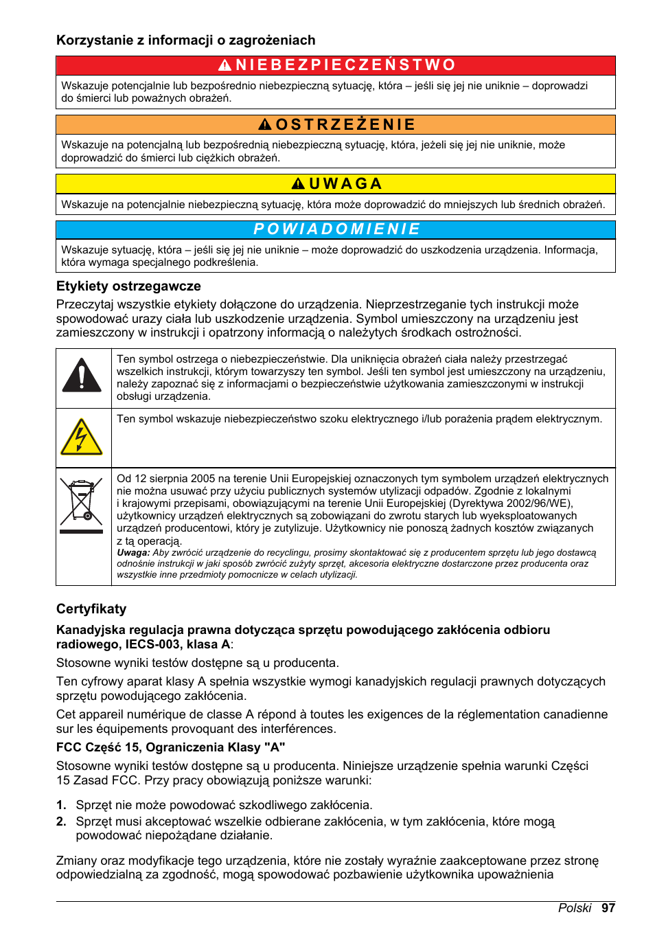 Korzystanie z informacji o zagrożeniach, Etykiety ostrzegawcze, Certyfikaty | Hach-Lange H170 User Manual User Manual | Page 97 / 134