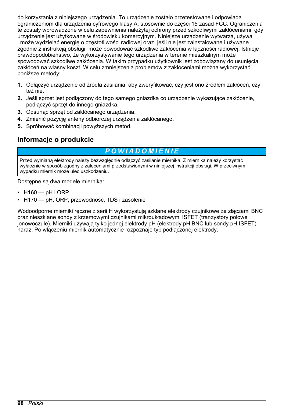 Informacje o produkcie | Hach-Lange H170 User Manual User Manual | Page 98 / 134