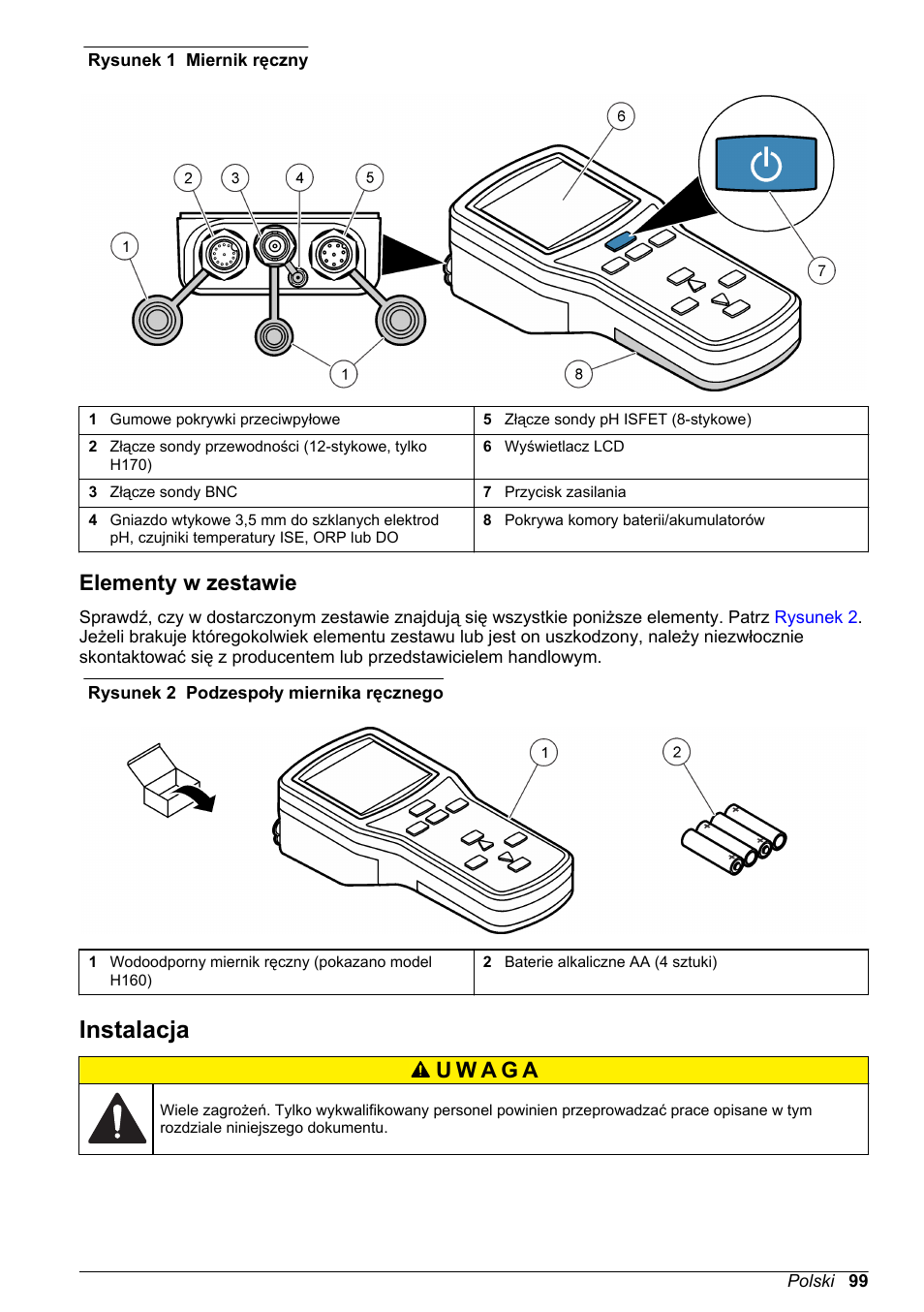 Elementy w zestawie, Instalacja, Na stronie 99 | Hach-Lange H170 User Manual User Manual | Page 99 / 134