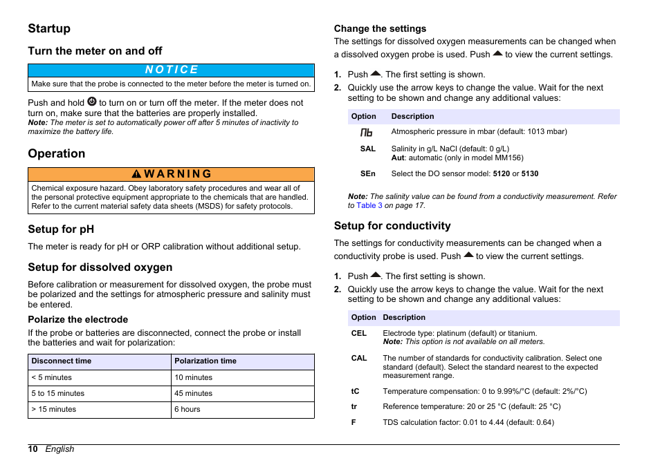 Startup, Turn the meter on and off, Operation | Setup for ph, Setup for dissolved oxygen, Polarize the electrode, Change the settings, Setup for conductivity | Hach-Lange SENSION+, Portable Meter, LPG2500 User Manual | Page 10 / 388