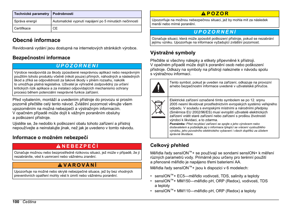 Obecné informace, Bezpečnostní informace, Informace o možném nebezpečí | Výstražné symboly, Celkový přehled | Hach-Lange SENSION+, Portable Meter, LPG2500 User Manual | Page 100 / 388