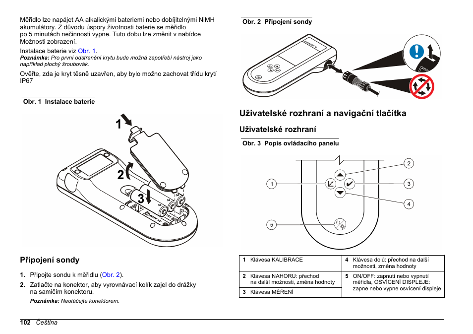 Připojení sondy, Uživatelské rozhraní a navigační tlačítka, Uživatelské rozhraní | Hach-Lange SENSION+, Portable Meter, LPG2500 User Manual | Page 102 / 388