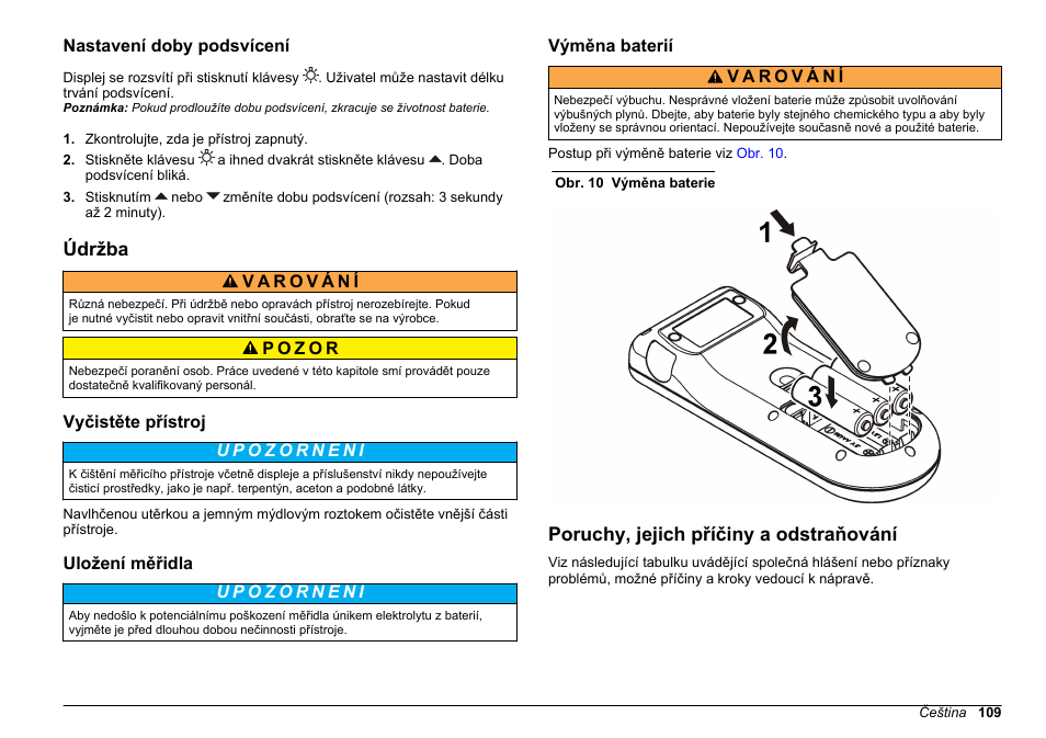 Nastavení doby podsvícení, Údržba, Vyčistěte přístroj | Uložení měřidla, Výměna baterií, Poruchy, jejich příčiny a odstraňování, Na straně 109 | Hach-Lange SENSION+, Portable Meter, LPG2500 User Manual | Page 109 / 388
