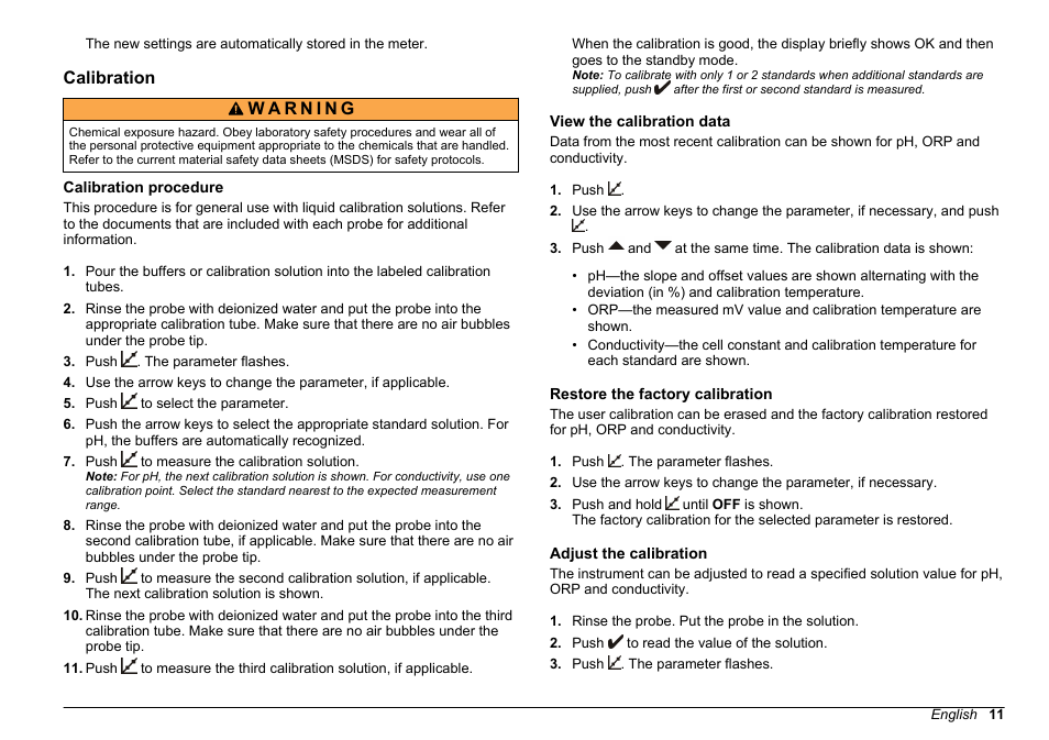 Calibration, Calibration procedure, View the calibration data | Restore the factory calibration, Adjust the calibration | Hach-Lange SENSION+, Portable Meter, LPG2500 User Manual | Page 11 / 388