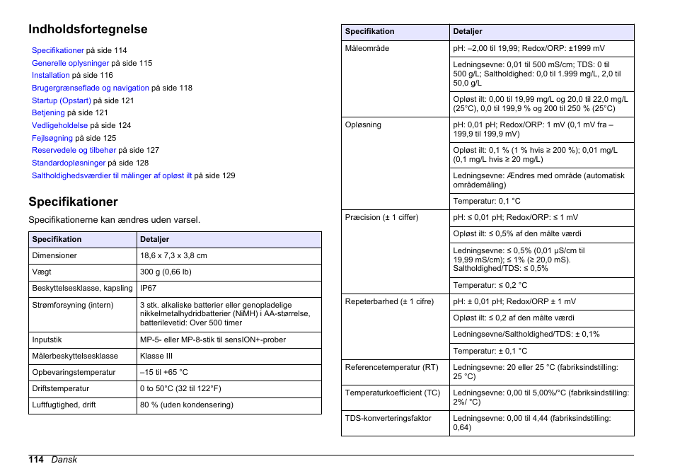 Brugsanvisning, Indholdsfortegnelse, Specifikationer | Dansk | Hach-Lange SENSION+, Portable Meter, LPG2500 User Manual | Page 114 / 388