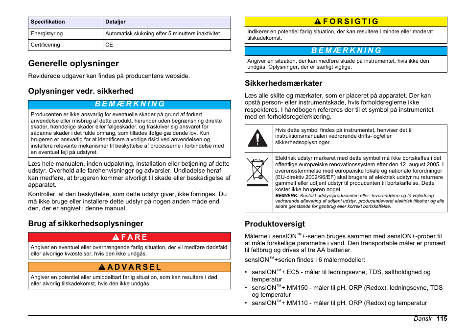 Generelle oplysninger, Oplysninger vedr. sikkerhed, Brug af sikkerhedsoplysninger | Sikkerhedsmærkater, Produktoversigt | Hach-Lange SENSION+, Portable Meter, LPG2500 User Manual | Page 115 / 388