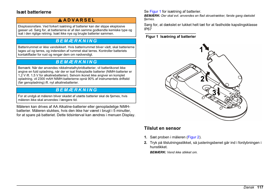 Isæt batterierne, Tilslut en sensor | Hach-Lange SENSION+, Portable Meter, LPG2500 User Manual | Page 117 / 388