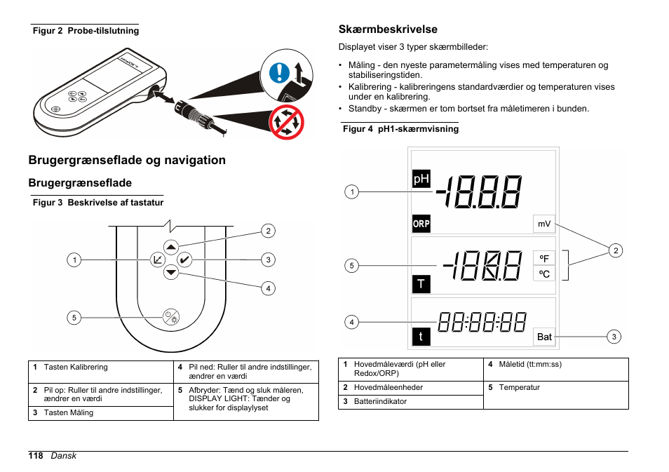 Brugergrænseflade og navigation, Brugergrænseflade, Skærmbeskrivelse | Hach-Lange SENSION+, Portable Meter, LPG2500 User Manual | Page 118 / 388