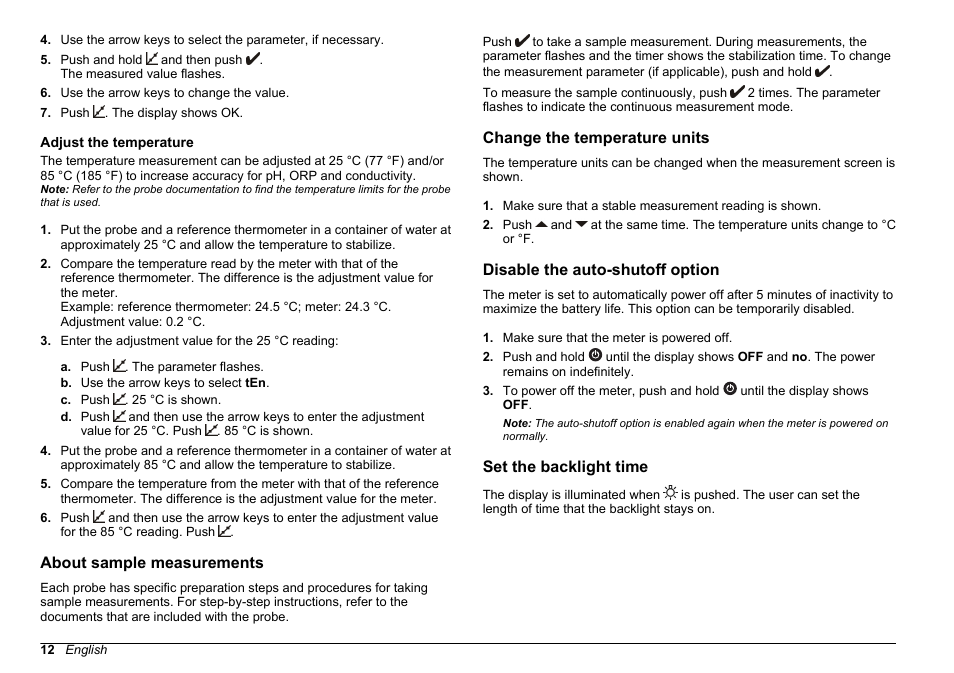 Adjust the temperature, About sample measurements, Change the temperature units | Disable the auto-shutoff option, Set the backlight time | Hach-Lange SENSION+, Portable Meter, LPG2500 User Manual | Page 12 / 388