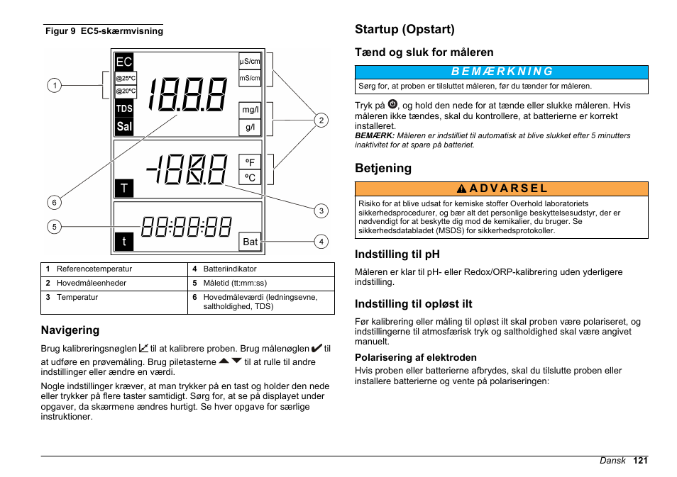 Navigering, Startup (opstart), Tænd og sluk for måleren | Betjening, Indstilling til ph, Indstilling til opløst ilt, Polarisering af elektroden, På side | Hach-Lange SENSION+, Portable Meter, LPG2500 User Manual | Page 121 / 388