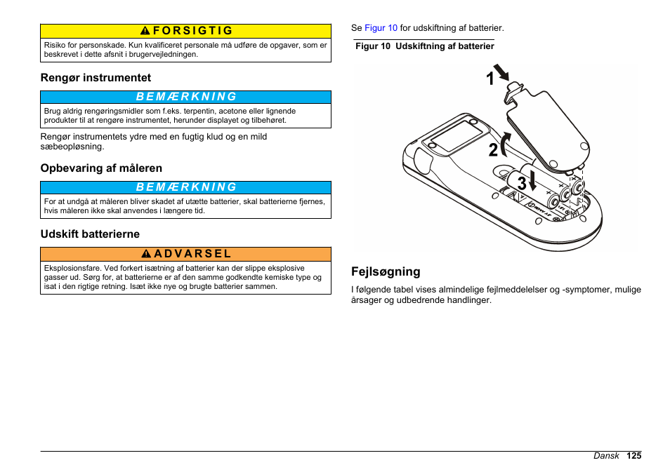 Rengør instrumentet, Opbevaring af måleren, Udskift batterierne | Fejlsøgning | Hach-Lange SENSION+, Portable Meter, LPG2500 User Manual | Page 125 / 388
