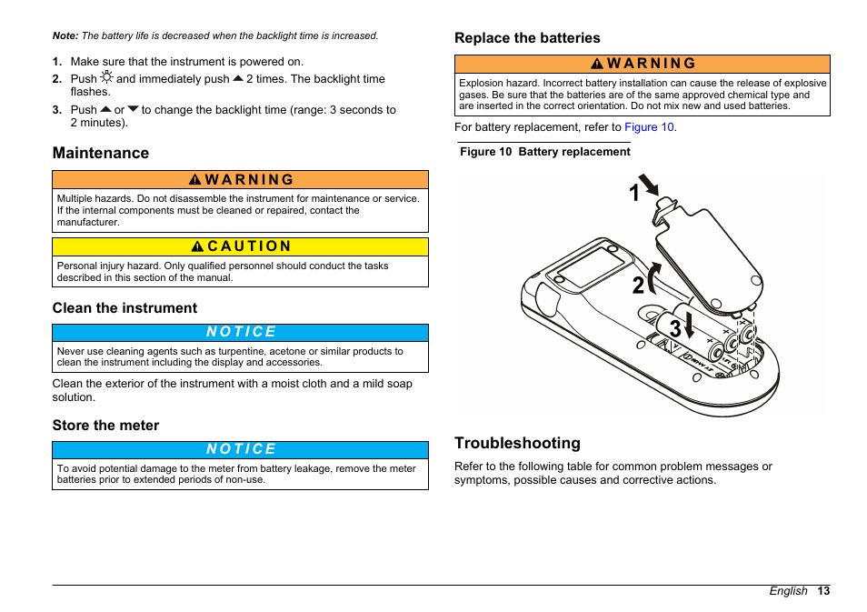 Maintenance, Clean the instrument, Store the meter | Replace the batteries, Troubleshooting | Hach-Lange SENSION+, Portable Meter, LPG2500 User Manual | Page 13 / 388