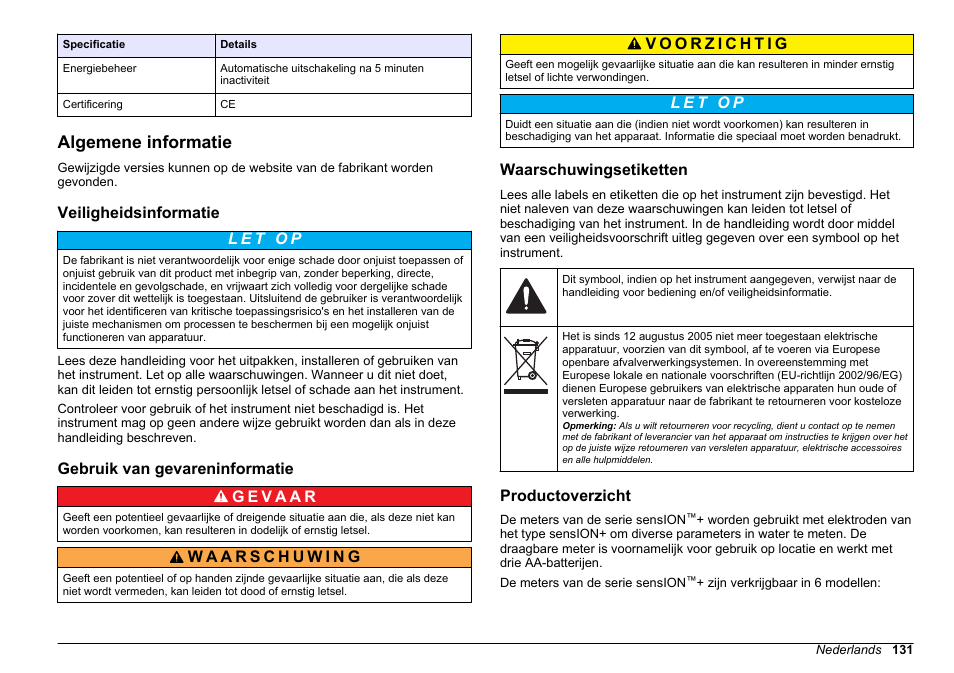 Algemene informatie, Veiligheidsinformatie, Gebruik van gevareninformatie | Waarschuwingsetiketten, Productoverzicht | Hach-Lange SENSION+, Portable Meter, LPG2500 User Manual | Page 131 / 388