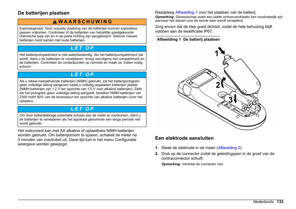 De batterijen plaatsen, Een elektrode aansluiten | Hach-Lange SENSION+, Portable Meter, LPG2500 User Manual | Page 133 / 388