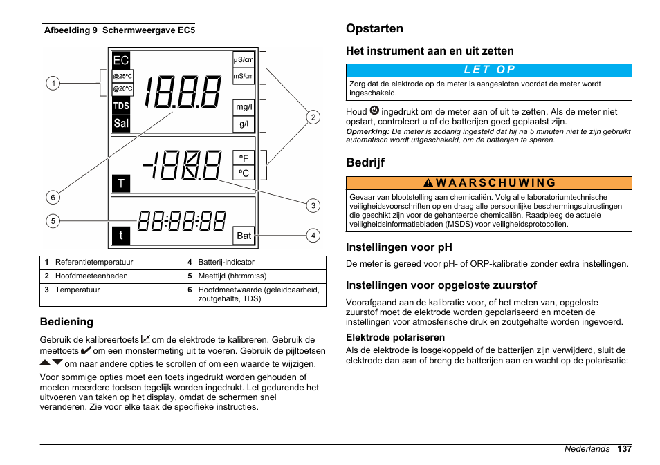 Bediening, Opstarten, Het instrument aan en uit zetten | Bedrijf, Instellingen voor ph, Instellingen voor opgeloste zuurstof, Elektrode polariseren | Hach-Lange SENSION+, Portable Meter, LPG2500 User Manual | Page 137 / 388