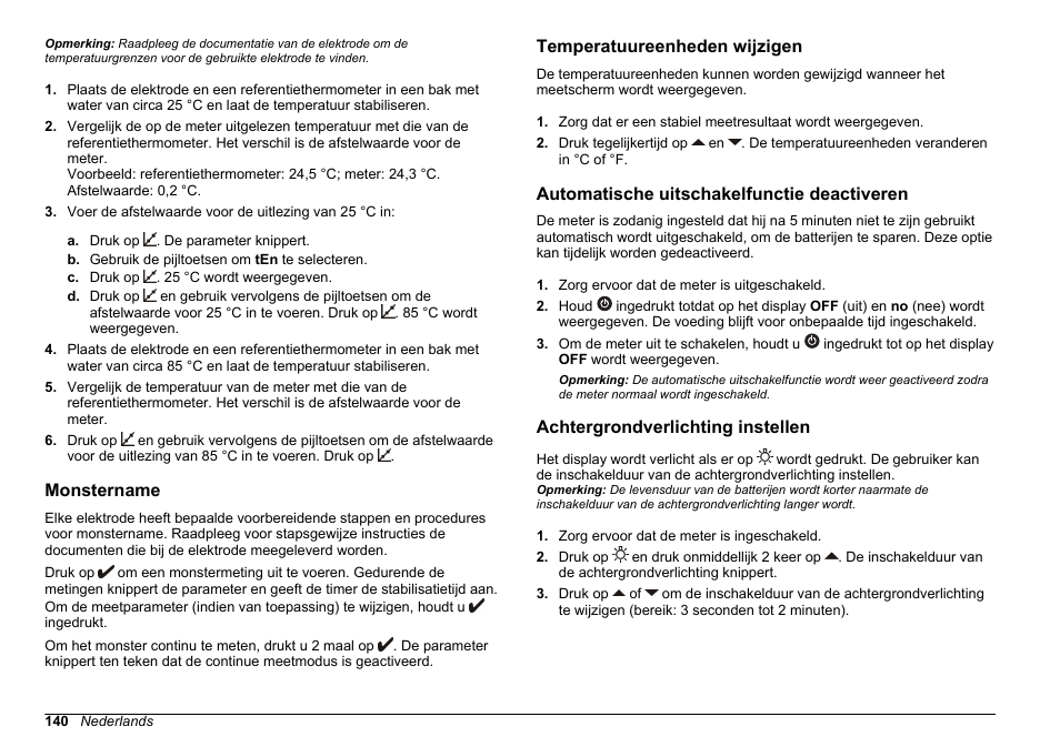 Monstername, Temperatuureenheden wijzigen, Automatische uitschakelfunctie deactiveren | Achtergrondverlichting instellen | Hach-Lange SENSION+, Portable Meter, LPG2500 User Manual | Page 140 / 388