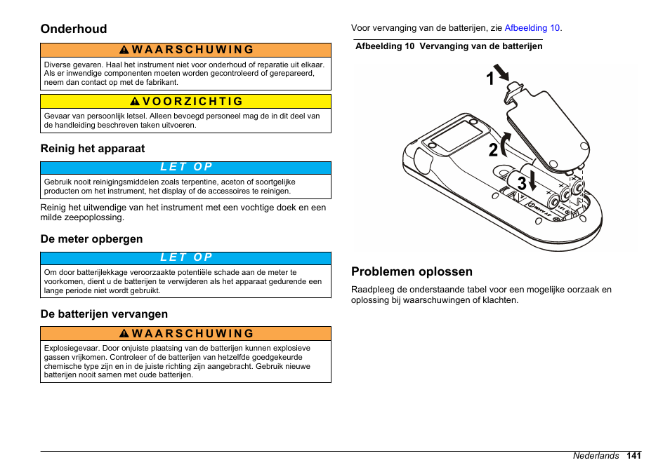 Onderhoud, Reinig het apparaat, De meter opbergen | De batterijen vervangen, Problemen oplossen | Hach-Lange SENSION+, Portable Meter, LPG2500 User Manual | Page 141 / 388