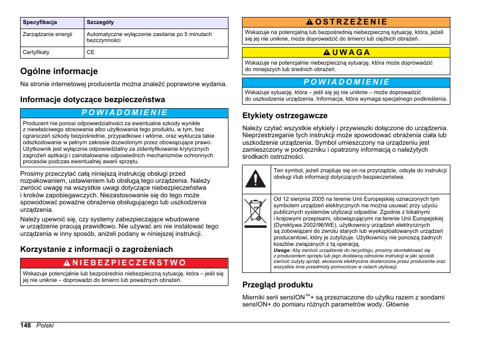 Ogólne informacje, Informacje dotyczące bezpieczeństwa, Korzystanie z informacji o zagrożeniach | Etykiety ostrzegawcze, Przegląd produktu, Na stronie 148 | Hach-Lange SENSION+, Portable Meter, LPG2500 User Manual | Page 148 / 388