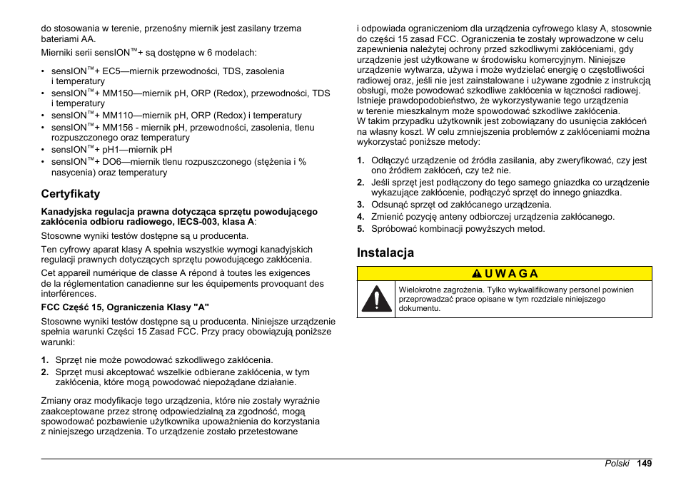 Certyfikaty, Instalacja, Na stronie 149 | Hach-Lange SENSION+, Portable Meter, LPG2500 User Manual | Page 149 / 388