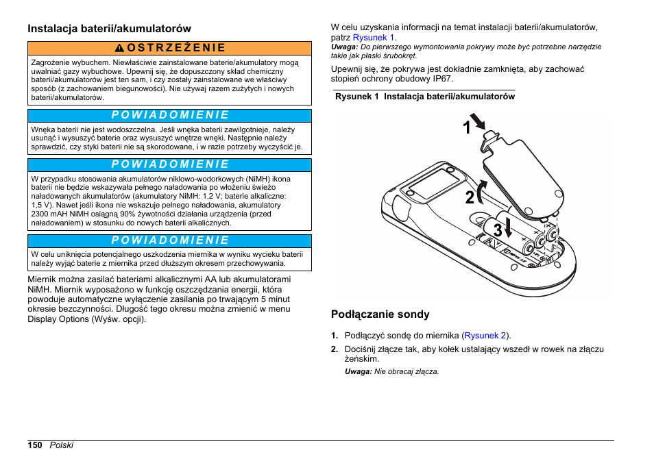 Instalacja baterii/‍akumulatorów, Podłączanie sondy | Hach-Lange SENSION+, Portable Meter, LPG2500 User Manual | Page 150 / 388