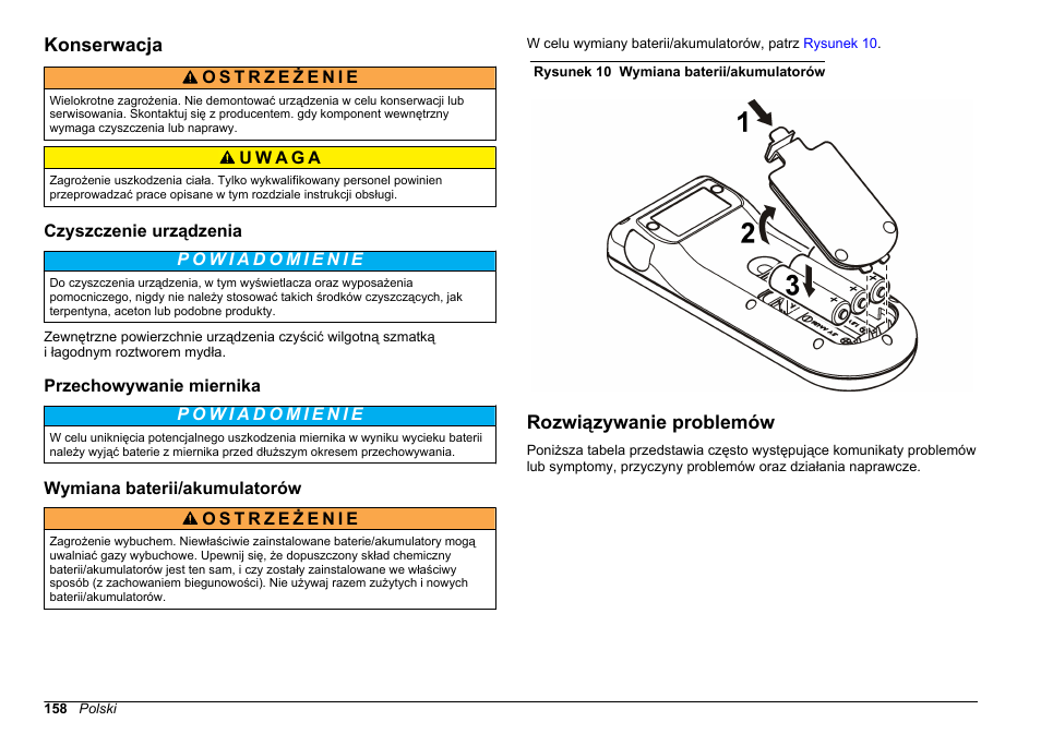 Konserwacja, Czyszczenie urządzenia, Przechowywanie miernika | Wymiana baterii/‍akumulatorów, Rozwiązywanie problemów | Hach-Lange SENSION+, Portable Meter, LPG2500 User Manual | Page 158 / 388