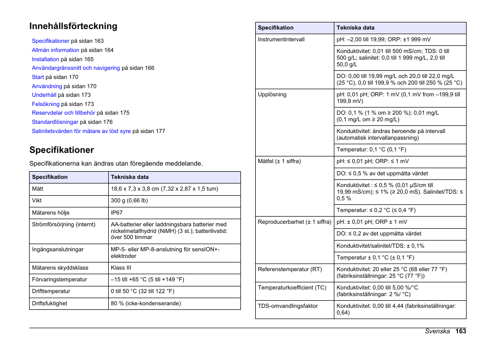 Bruksanvisning, Innehållsförteckning, Specifikationer | Svenska | Hach-Lange SENSION+, Portable Meter, LPG2500 User Manual | Page 163 / 388