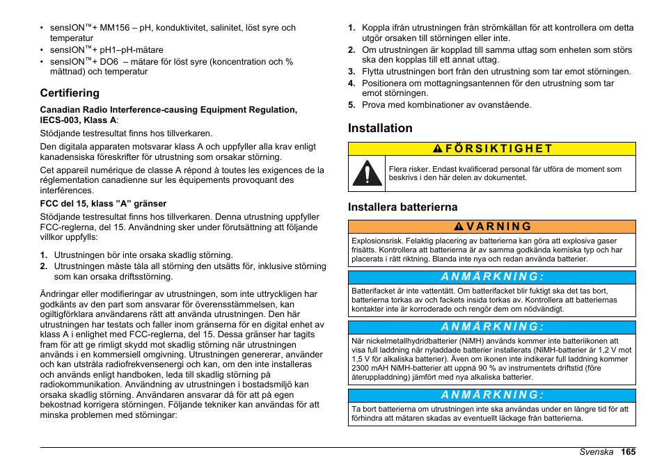 Certifiering, Installation, Installera batterierna | Hach-Lange SENSION+, Portable Meter, LPG2500 User Manual | Page 165 / 388
