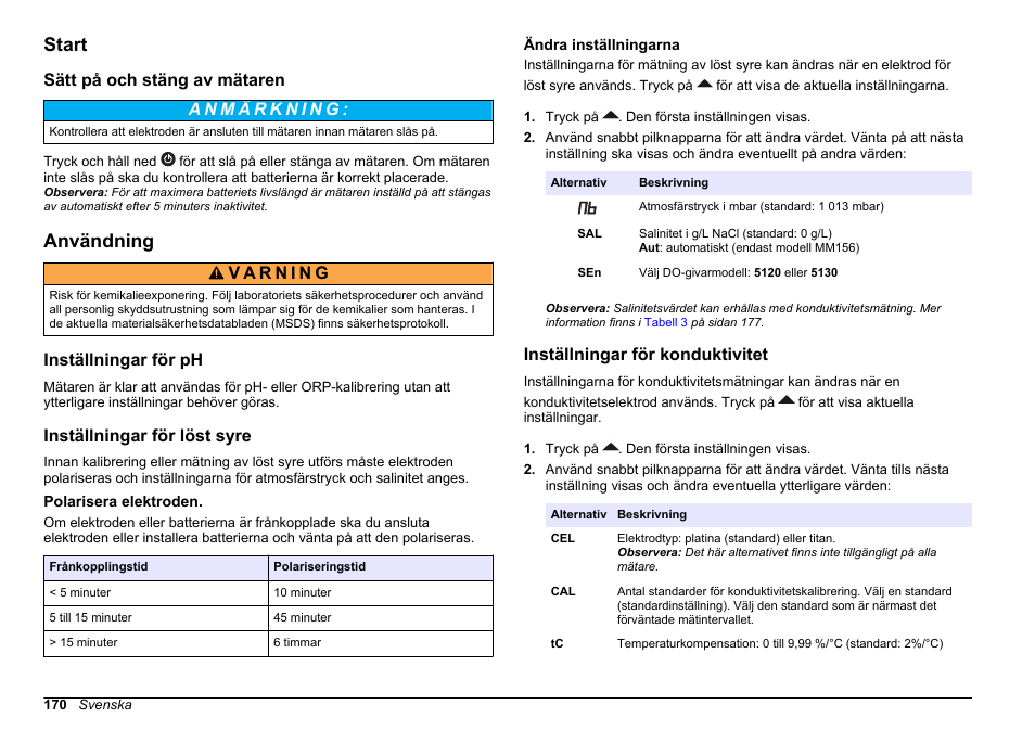 Start, Sätt på och stäng av mätaren, Användning | Inställningar för ph, Inställningar för löst syre, Polarisera elektroden, Ändra inställningarna, Inställningar för konduktivitet, På sidan 170 | Hach-Lange SENSION+, Portable Meter, LPG2500 User Manual | Page 170 / 388