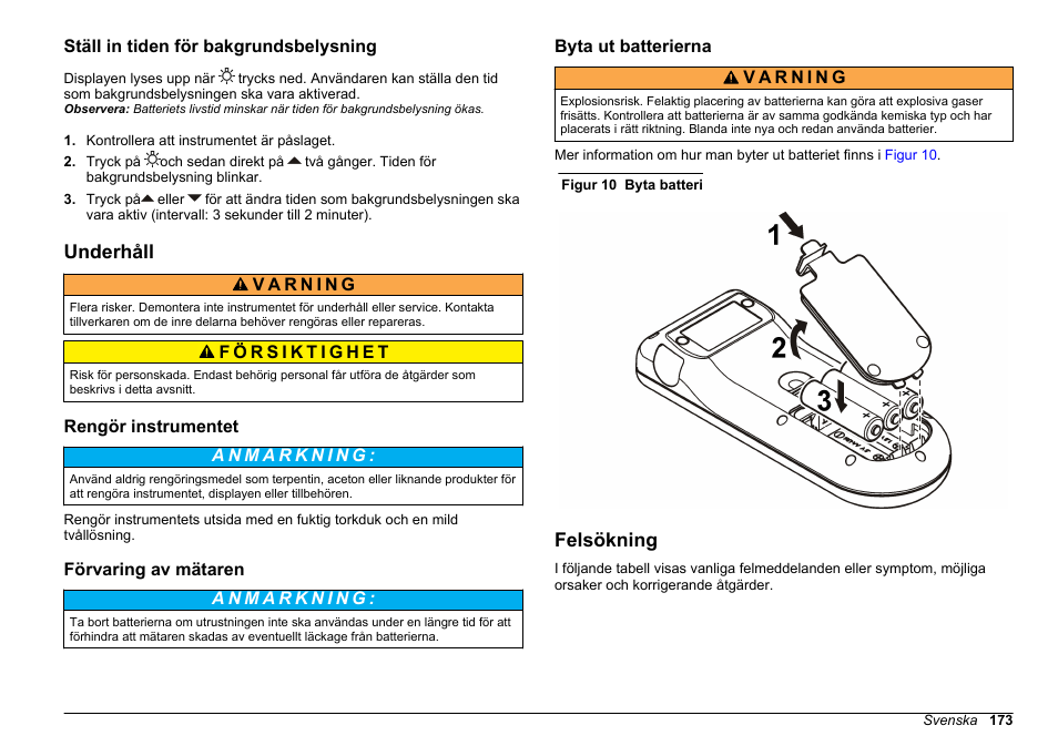 Ställ in tiden för bakgrundsbelysning, Underhåll, Rengör instrumentet | Förvaring av mätaren, Byta ut batterierna, Felsökning, På sidan 173, På sidan | Hach-Lange SENSION+, Portable Meter, LPG2500 User Manual | Page 173 / 388