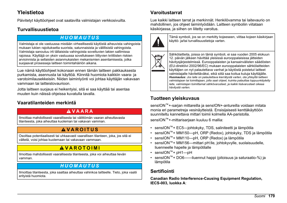 Yleistietoa, Turvallisuustietoa, Vaaratilanteiden merkintä | Varoitustarrat, Tuotteen yleiskuvaus, Sertifiointi, Sivulla | Hach-Lange SENSION+, Portable Meter, LPG2500 User Manual | Page 179 / 388