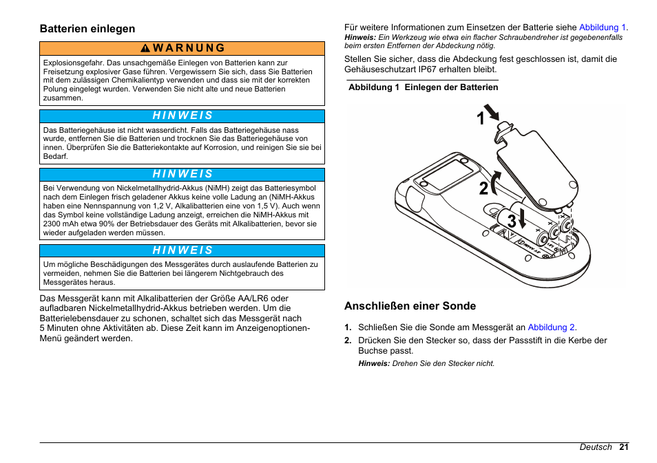 Batterien einlegen, Anschließen einer sonde | Hach-Lange SENSION+, Portable Meter, LPG2500 User Manual | Page 21 / 388