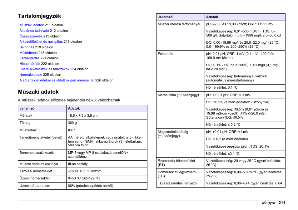 Használati útmutató, Tartalomjegyzék, Műszaki adatok | Magyar | Hach-Lange SENSION+, Portable Meter, LPG2500 User Manual | Page 211 / 388
