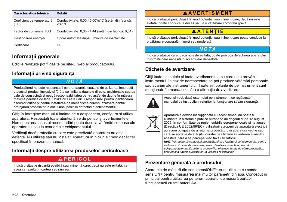 Informaţii generale, Informaţii privind siguranţa, Etichete de avertizare | Prezentare generală a produsului, N o t ã | Hach-Lange SENSION+, Portable Meter, LPG2500 User Manual | Page 228 / 388