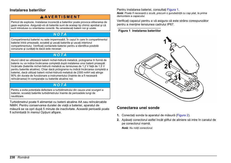 Instalarea bateriilor, Conectarea unei sonde | Hach-Lange SENSION+, Portable Meter, LPG2500 User Manual | Page 230 / 388