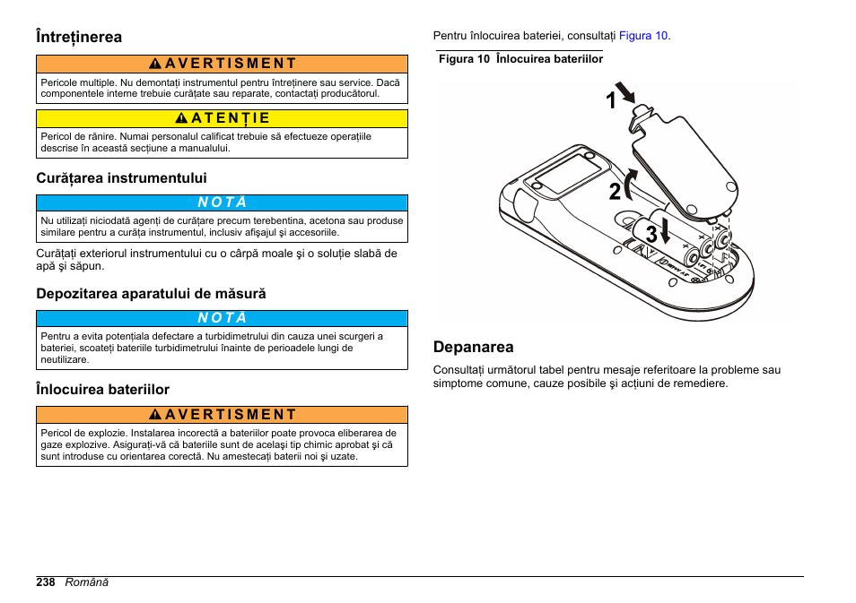 Întreţinerea, Curăţarea instrumentului, Depozitarea aparatului de măsură | Înlocuirea bateriilor, Depanarea | Hach-Lange SENSION+, Portable Meter, LPG2500 User Manual | Page 238 / 388