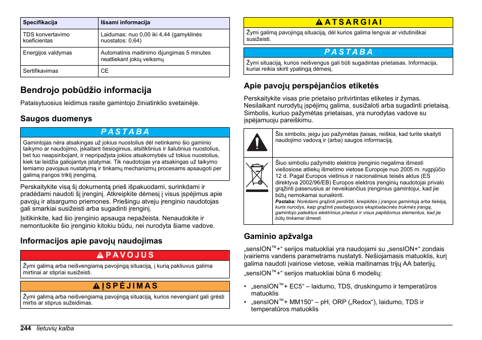 Bendrojo pobūdžio informacija, Saugos duomenys, Informacijos apie pavojų naudojimas | Apie pavojų perspėjančios etiketės, Gaminio apžvalga, Puslapyje | Hach-Lange SENSION+, Portable Meter, LPG2500 User Manual | Page 244 / 388