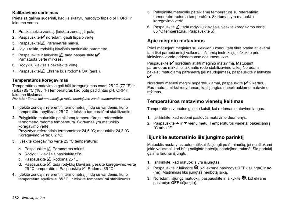 Kalibravimo derinimas, Temperatūros koregavimas, Apie mėginių matavimus | Temperatūros matavimo vienetų keitimas, Išjunkite automatinio išsijungimo parinktį | Hach-Lange SENSION+, Portable Meter, LPG2500 User Manual | Page 252 / 388