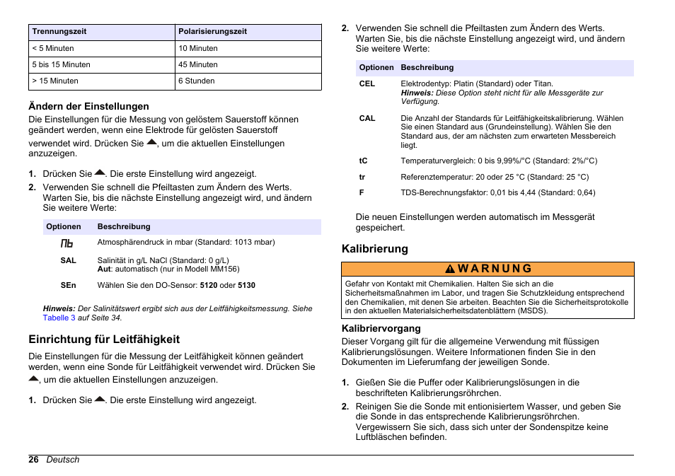 Ändern der einstellungen, Einrichtung für leitfähigkeit, Kalibrierung | Kalibriervorgang | Hach-Lange SENSION+, Portable Meter, LPG2500 User Manual | Page 26 / 388