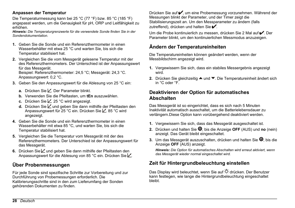 Anpassen der temperatur, Über probenmessungen, Ändern der temperatureinheiten | Zeit für hintergrundbeleuchtung einstellen | Hach-Lange SENSION+, Portable Meter, LPG2500 User Manual | Page 28 / 388