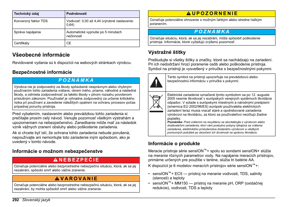 Všeobecné informácie, Bezpečnostné informácie, Informácie o možnom nebezpečenstve | Výstražné štítky, Informácie o produkte, Na strane 292 | Hach-Lange SENSION+, Portable Meter, LPG2500 User Manual | Page 292 / 388